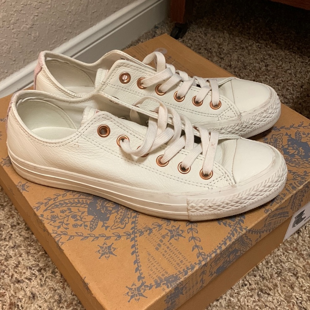 Converse White Leather Low Top Sneakers with Rose Gold Eyelets